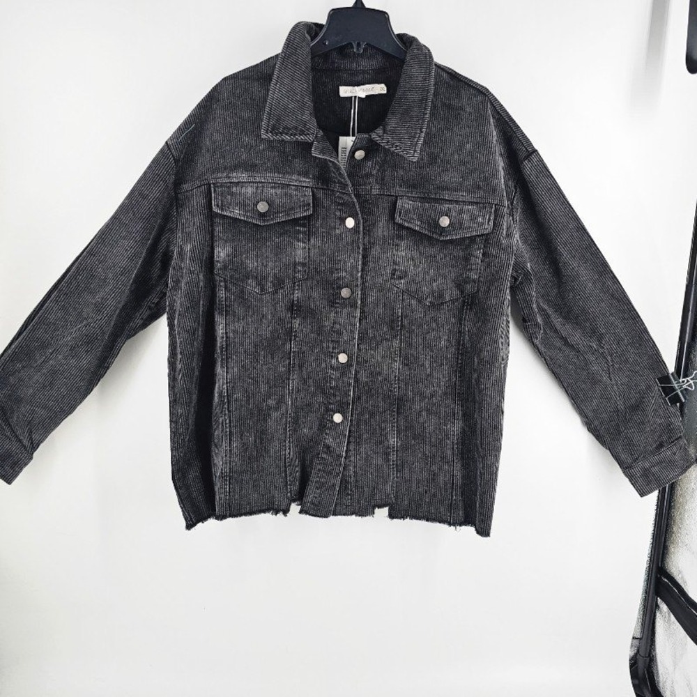 Grace + Emma Corduroy Shacket Women 2XL Grey Acid Wash Raw Hem Jacket